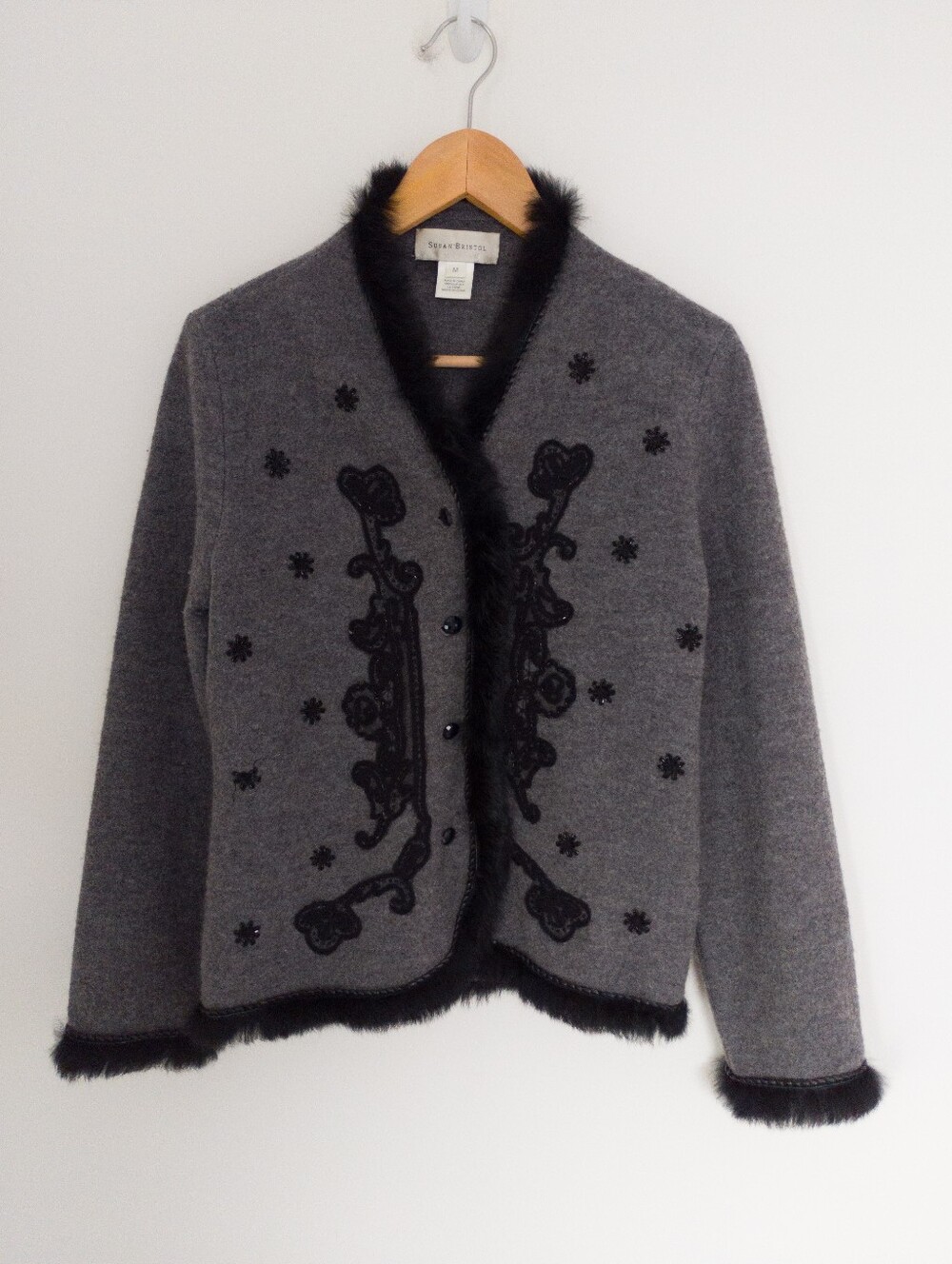 Susan Bristol Wool Fur Trim Embroidered Cardigan Jacket Grey Medium
